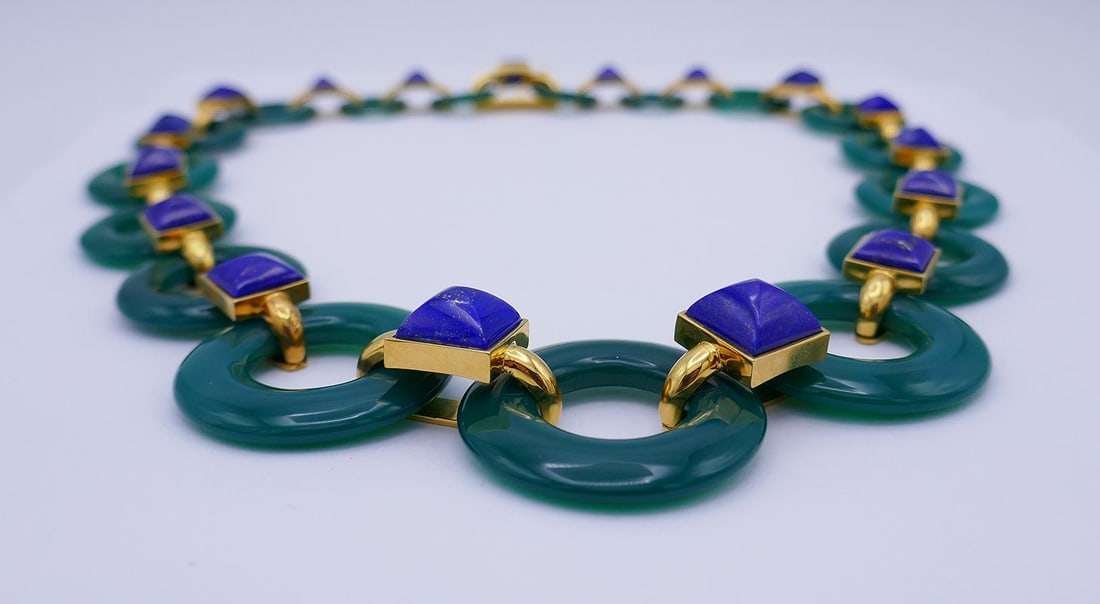 Vintage Aldo Cipullo Necklace 18k Gold Chrysoprase Lapis Lazuli Estate Jewelry - 5