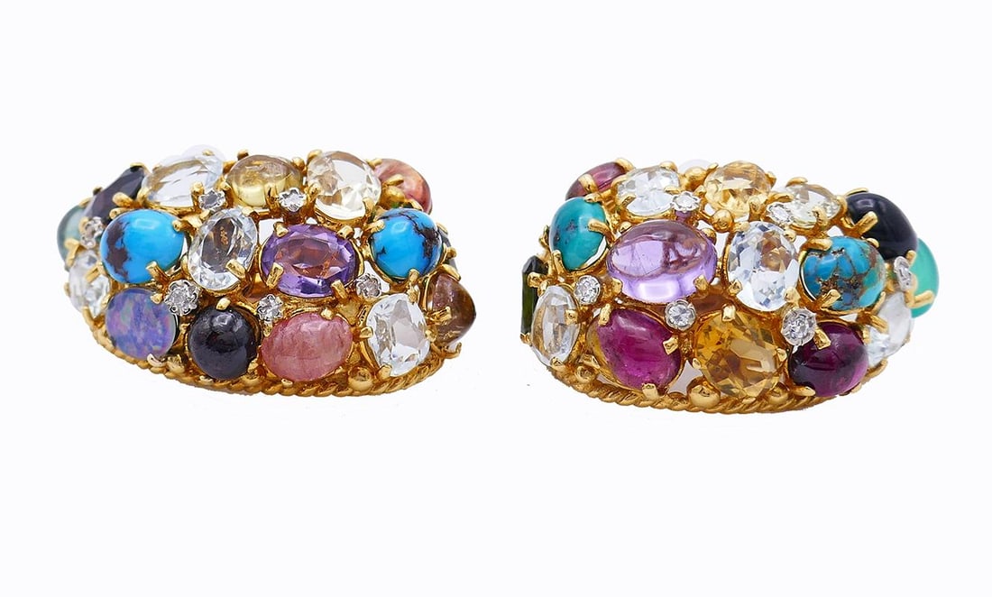 Vintage French 18k Gold Gemstones Earrings Signed MBM - 4