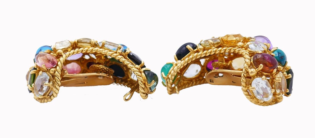 Vintage French 18k Gold Gemstones Earrings Signed MBM - 5