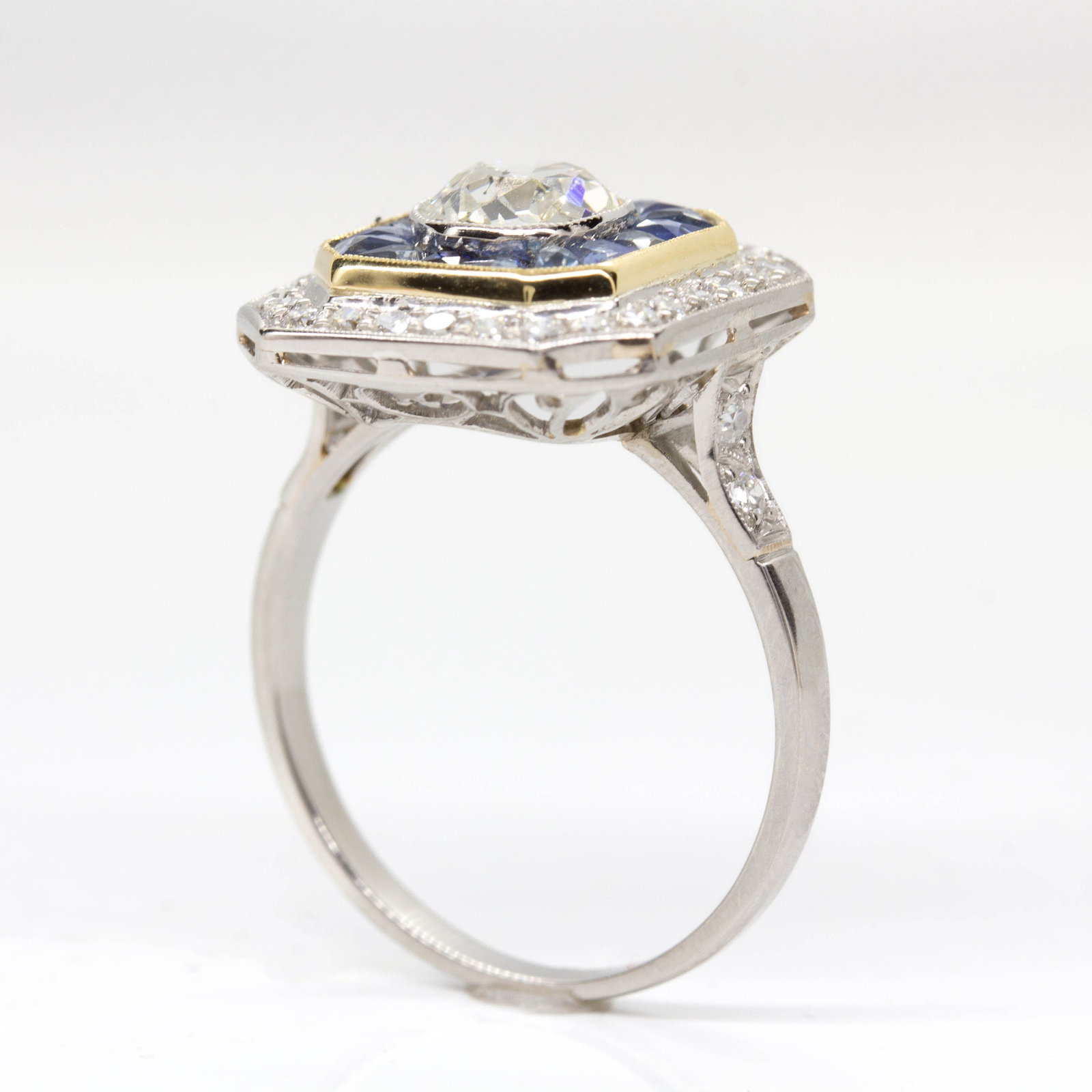 Handmade Platinum Old Mine cut Diamond and French cut Sapphire Ring - 5