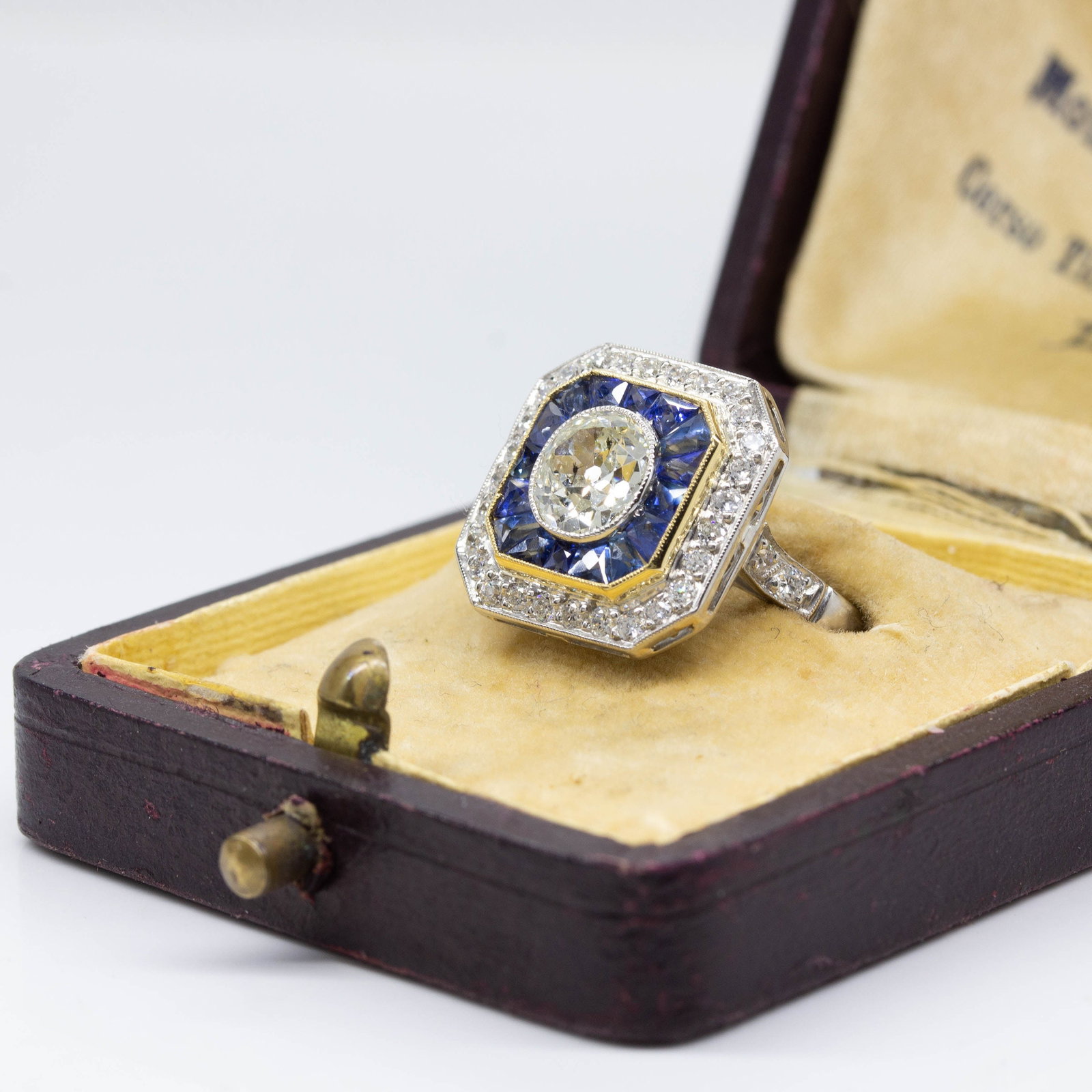 Handmade Platinum Old Mine cut Diamond and French cut Sapphire Ring - 6