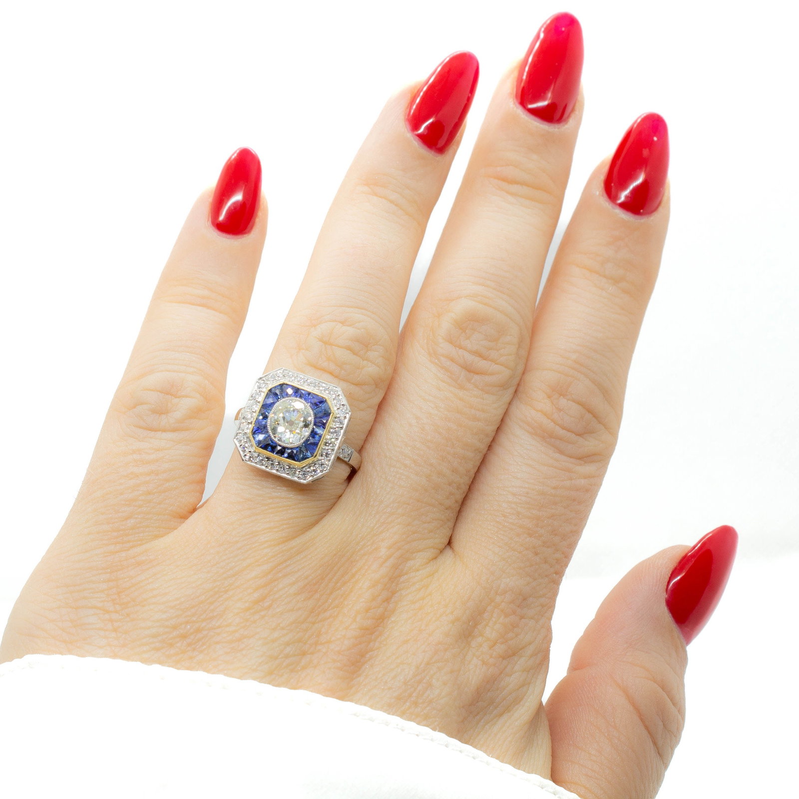Handmade Platinum Old Mine cut Diamond and French cut Sapphire Ring - 8