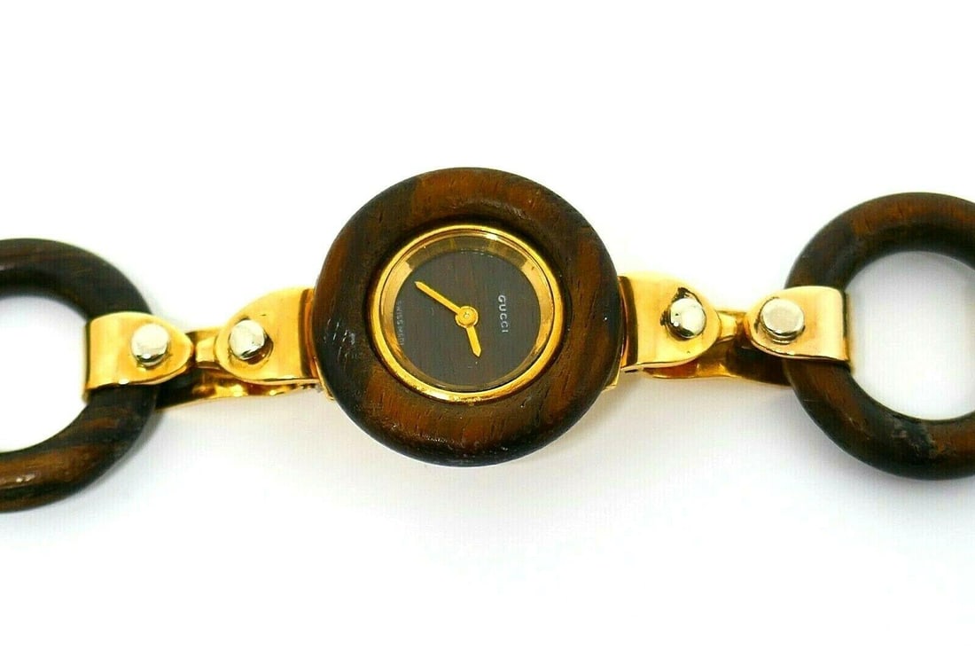Vintage Gucci Yellow Gold Wood Circle Link Bracelet Watch - 2