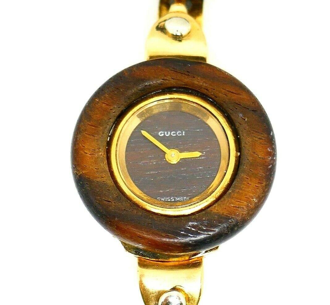 Vintage Gucci Yellow Gold Wood Circle Link Bracelet Watch - 3