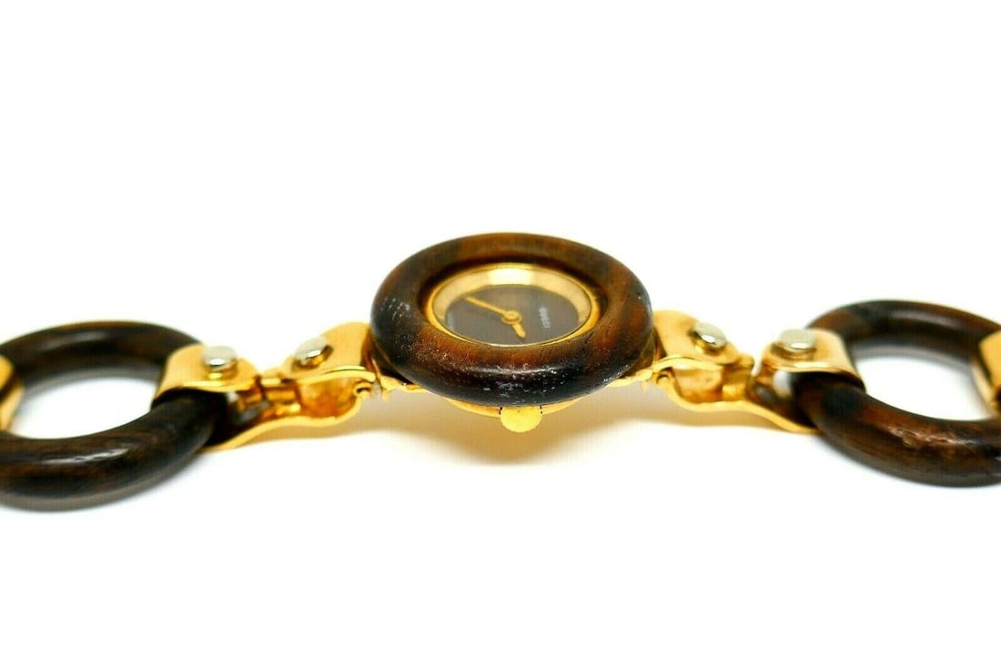 Vintage Gucci Yellow Gold Wood Circle Link Bracelet Watch - 4