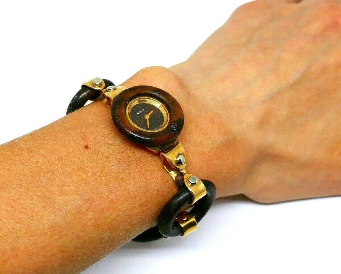 Vintage Gucci Yellow Gold Wood Circle Link Bracelet Watch - 5
