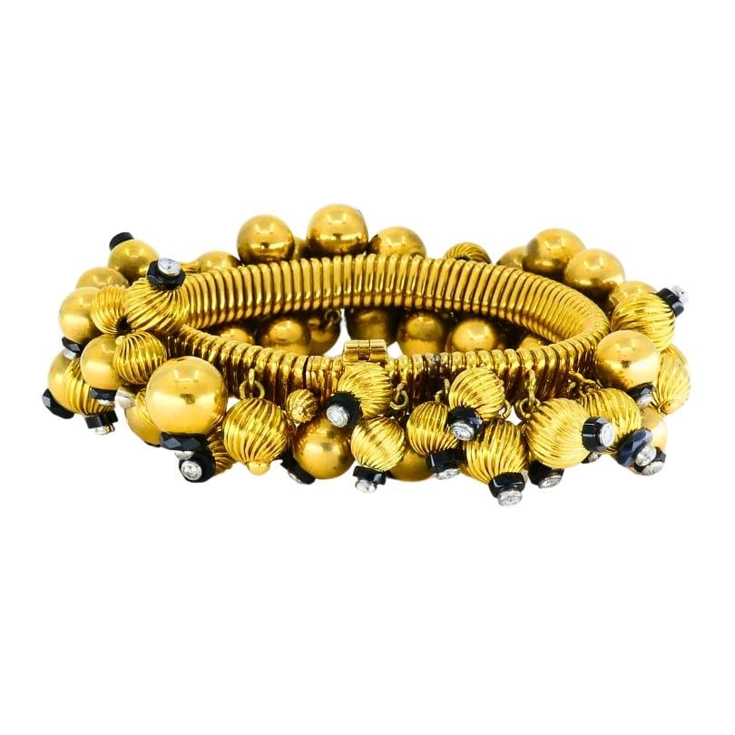 Vintage Black Onyx Gold Bead Bracelet 18k French Retro Jewelry - 2
