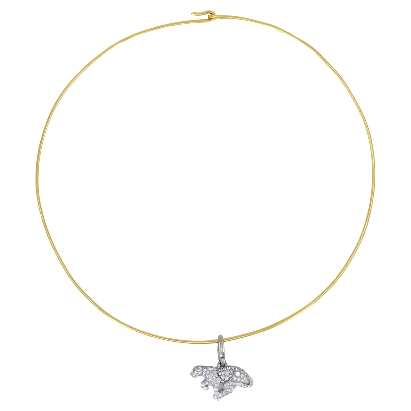 Vintage Cartier Panthere Collar Necklace Diamond Charm: A vintage Cartier Panthère collar necklace, featuring an 18k yellow gold wire and an 18k white gold and diamond charm. A slim wire necklace sits cleanly along the neckline. Suspended at the