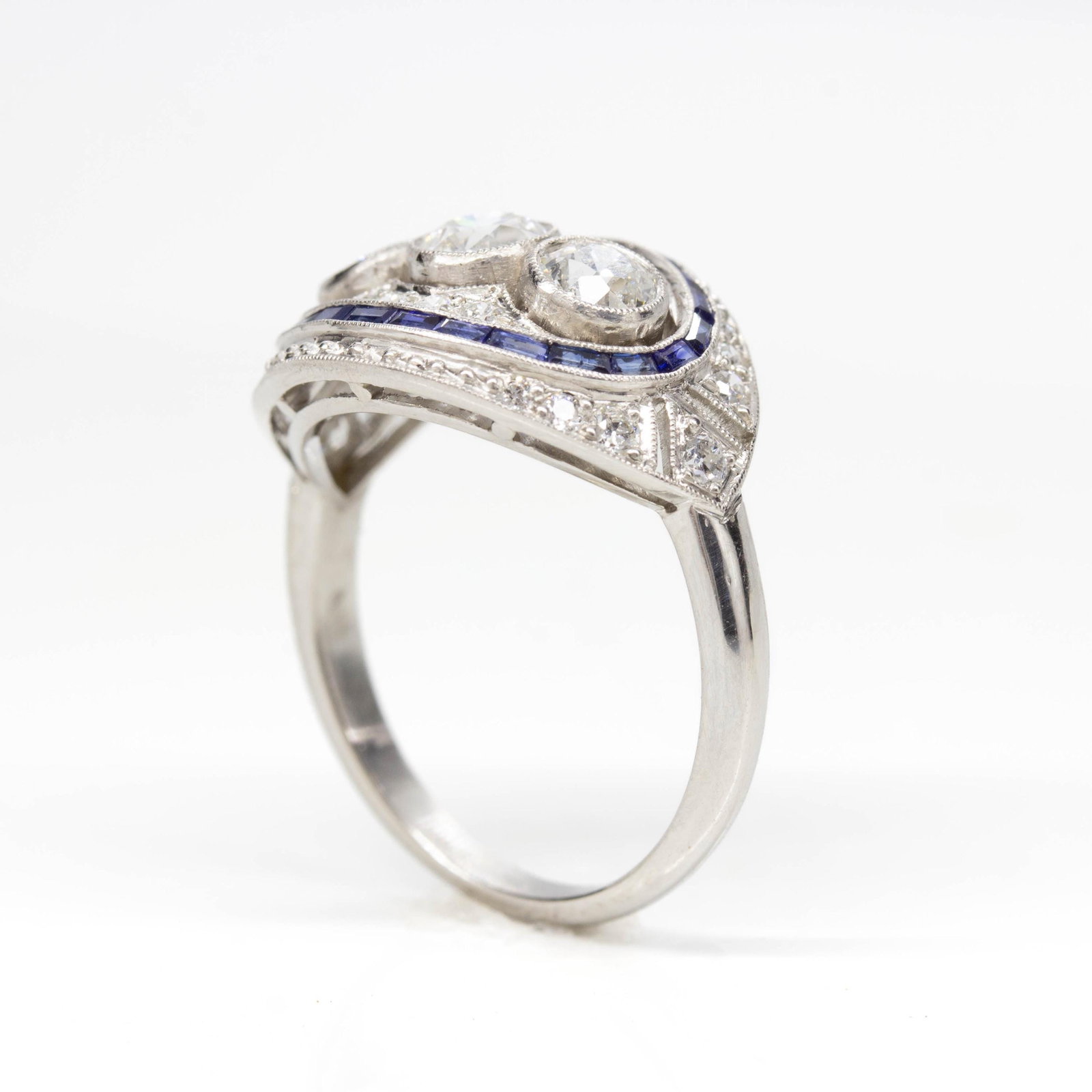 Art Deco Inspired Platinum Old Mine Diamond and Natural Sapphire Ring - 3