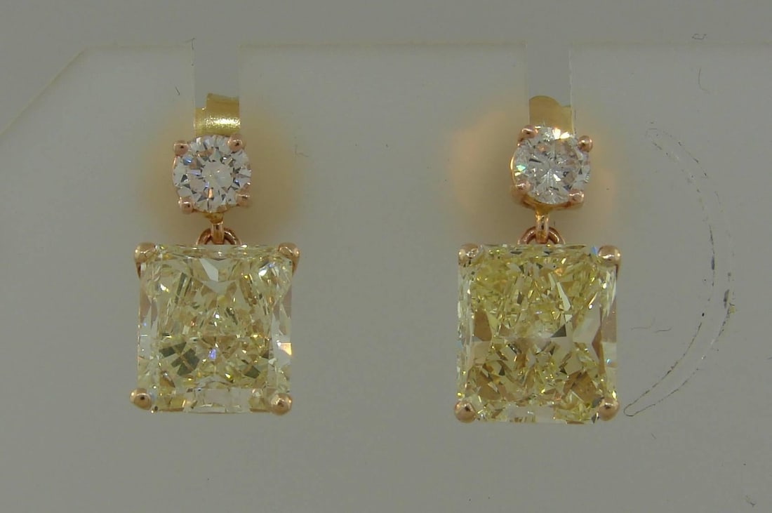 Fancy Yellow GIA and White Diamond Gold Two-Stone Stud Drop Earrings - 4