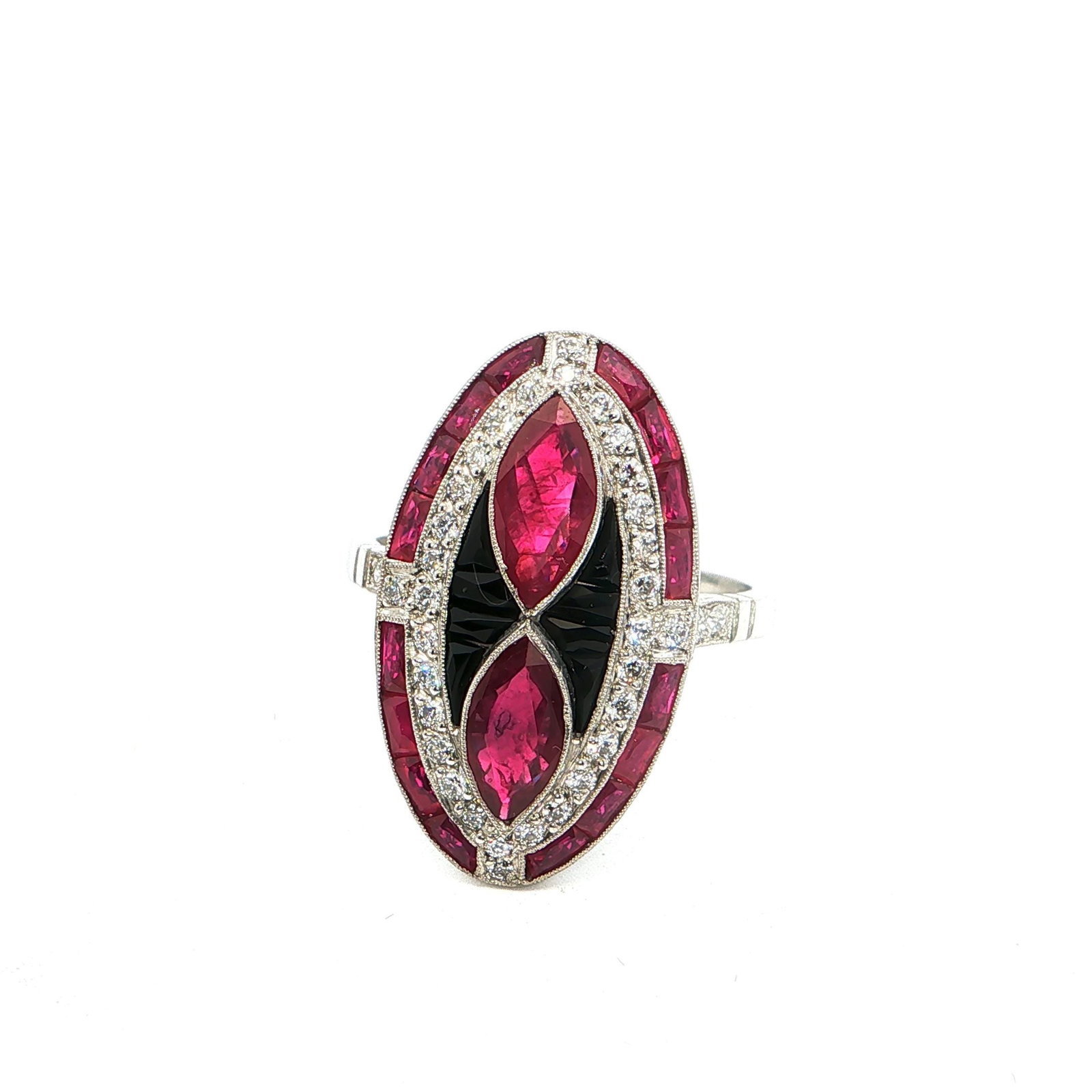 Platinum Ring with Diamonds and Natural Rubies: Experience the allure of this platinum cocktail ring, showcasing 2 natural marquise cut rubies that weigh 1.50ctw and 16 natural calibrated French cut rubies that weigh 1.30ctw. This lovely piece
