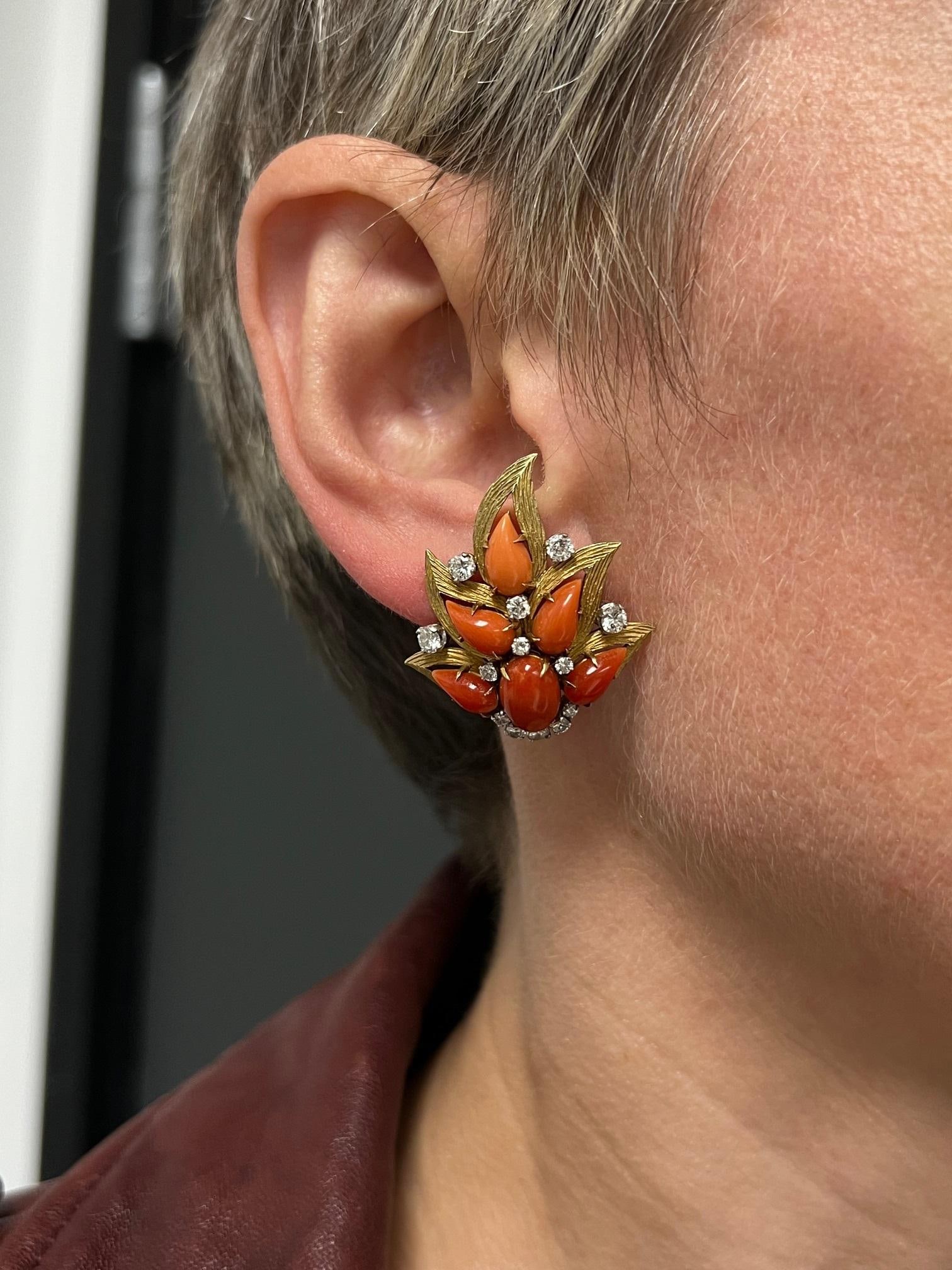 Vintage Bulgari Gold Platinum Earrings and Clip Brooches Set Coral Jewelry - 3