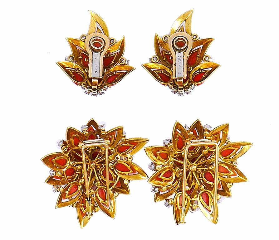 Vintage Bulgari Gold Platinum Earrings and Clip Brooches Set Coral Jewelry - 4