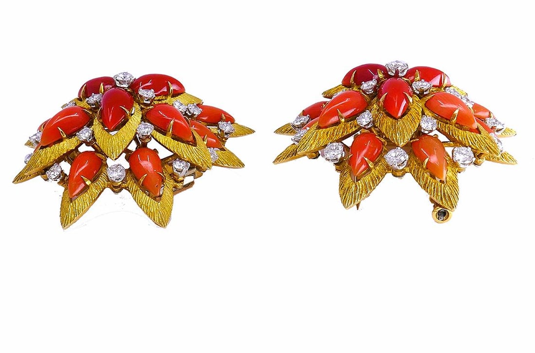 Vintage Bulgari Gold Platinum Earrings and Clip Brooches Set Coral Jewelry - 5