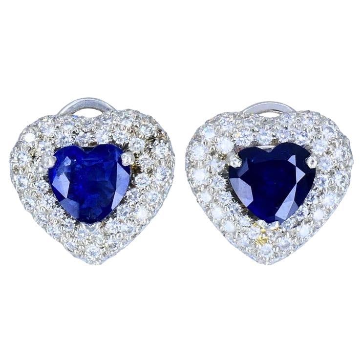 Vintage Heart Shaped Earrings Platinum Diamond Heart Cut Sapphire Estate Jewelry - 2