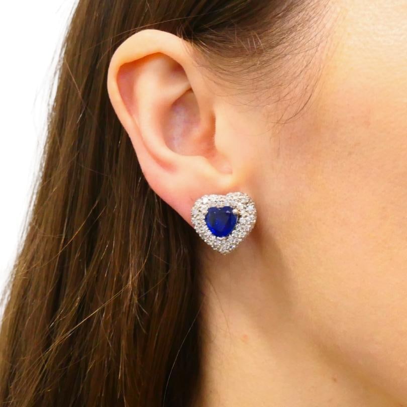 Vintage Heart Shaped Earrings Platinum Diamond Heart Cut Sapphire Estate Jewelry - 3