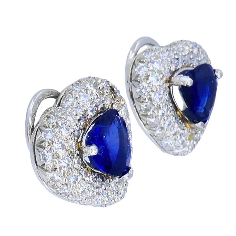 Vintage Heart Shaped Earrings Platinum Diamond Heart Cut Sapphire Estate Jewelry - 5