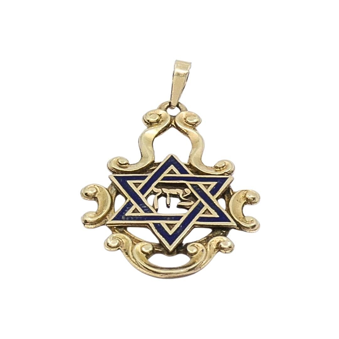 Vintage 14k Gold Blue Enamel Star of David Chai Pendant - 3