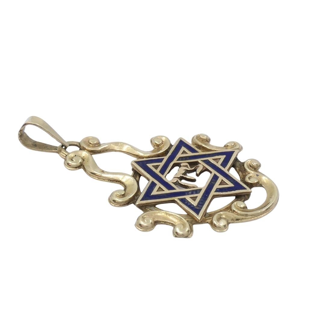 Vintage 14k Gold Blue Enamel Star of David Chai Pendant - 5
