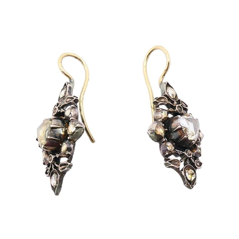 Georgian Diamond Earrings Gold Silver Floral Design - 3