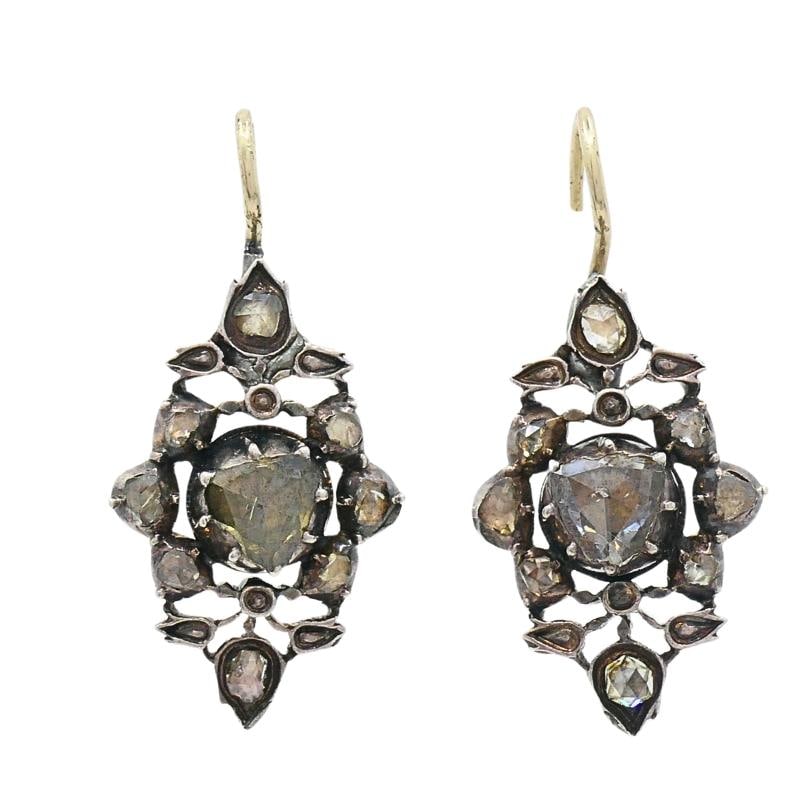 Georgian Diamond Earrings Gold Silver Floral Design - 5