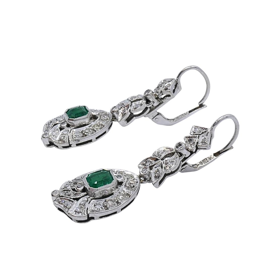 Art Deco-Style 12k White Gold Emerald Diamond Drop Earrings - 3