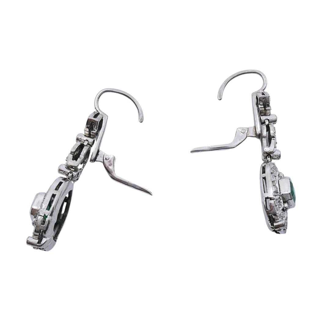 Art Deco-Style 12k White Gold Emerald Diamond Drop Earrings - 5