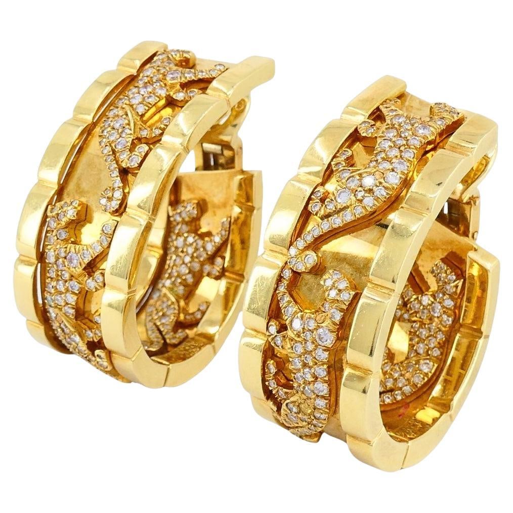 Vintage Cartier Walking Panthere 18k Gold Diamond Hoop Earrings - 3