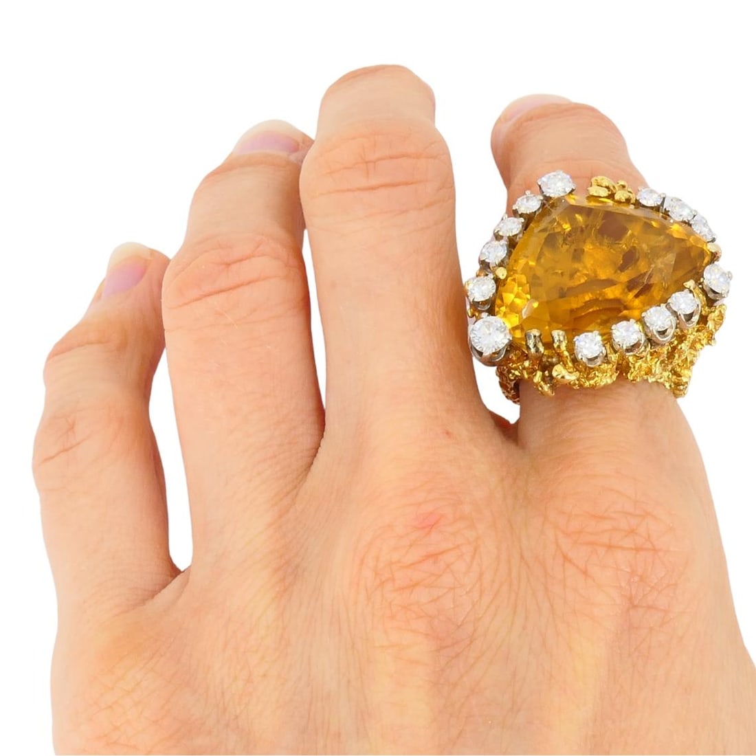 Vintage 18k Gold Citrine Diamond Ring Brutalist Design - 2