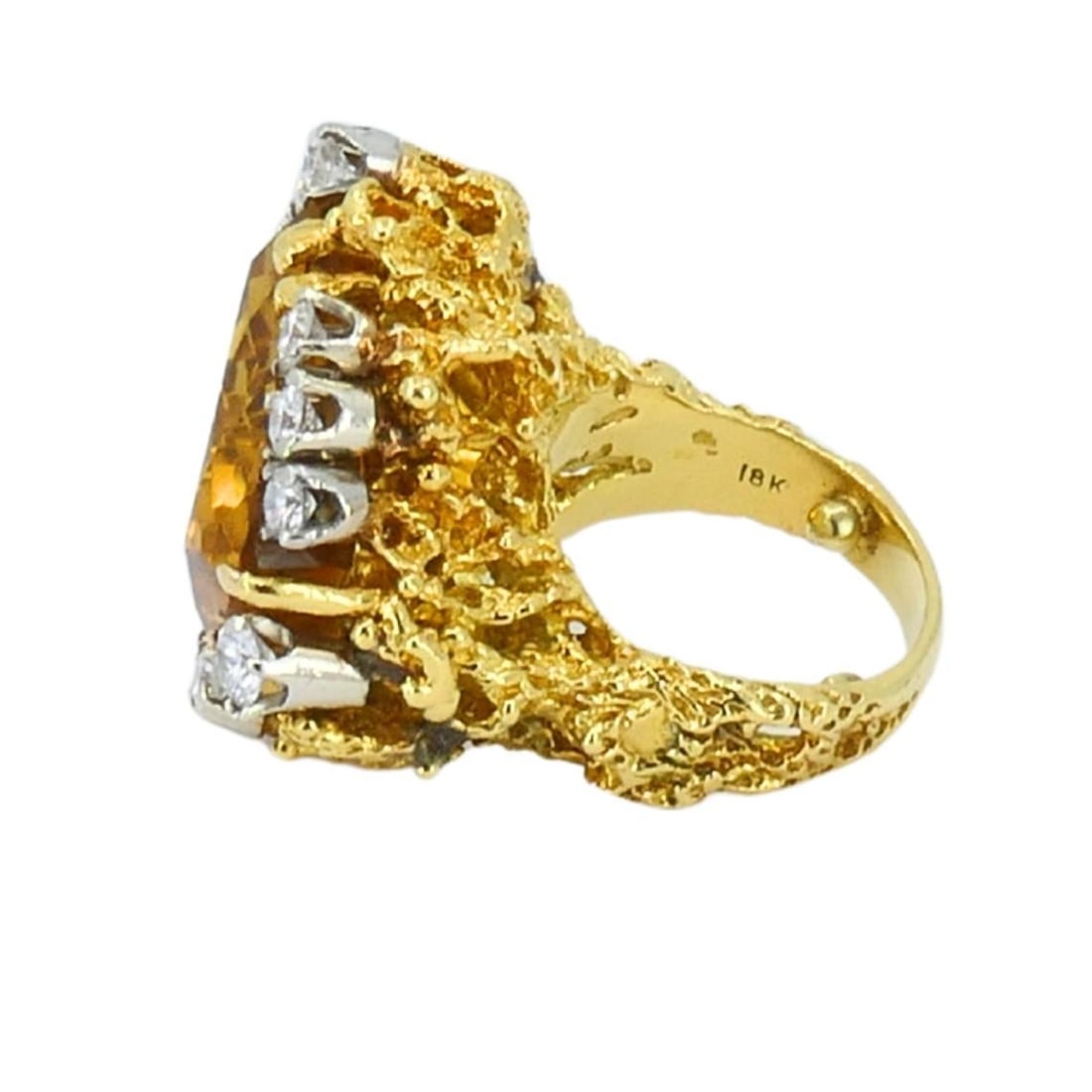 Vintage 18k Gold Citrine Diamond Ring Brutalist Design - 4