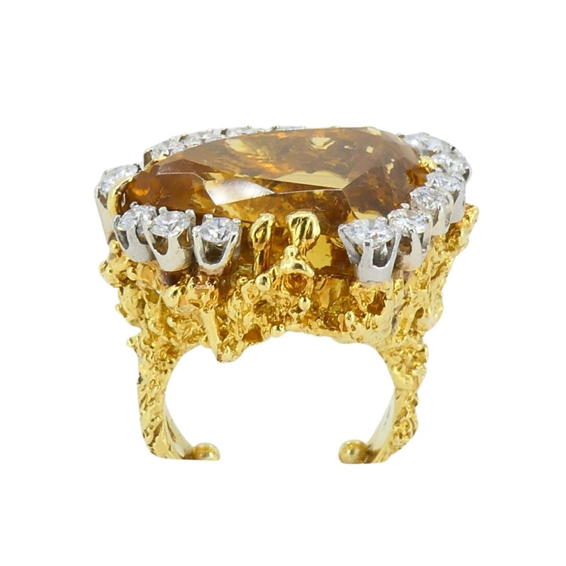 Vintage 18k Gold Citrine Diamond Ring Brutalist Design - 5