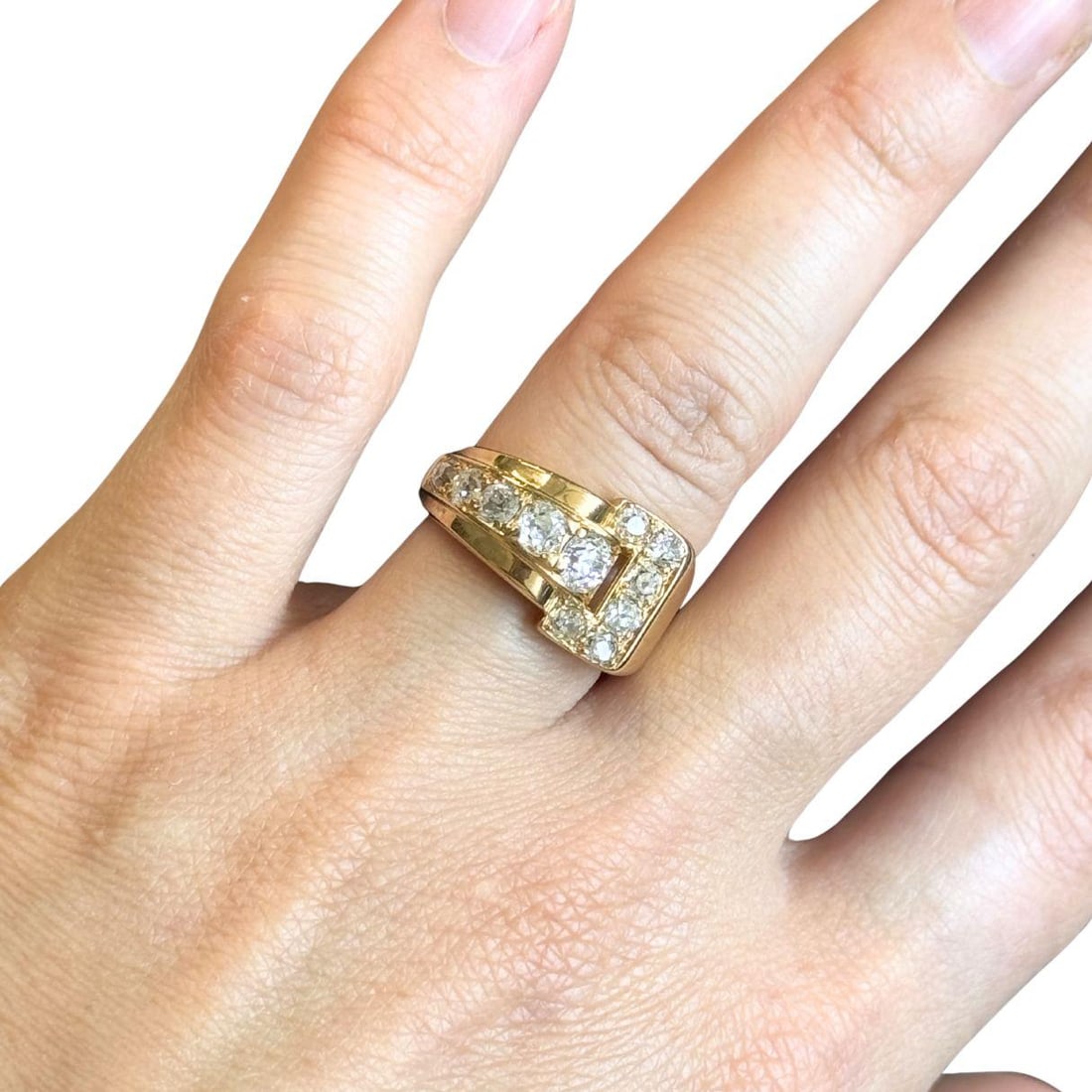 Vintage GRANAT 18k Yellow Gold Diamond Buckle Ring, 1950s - 3