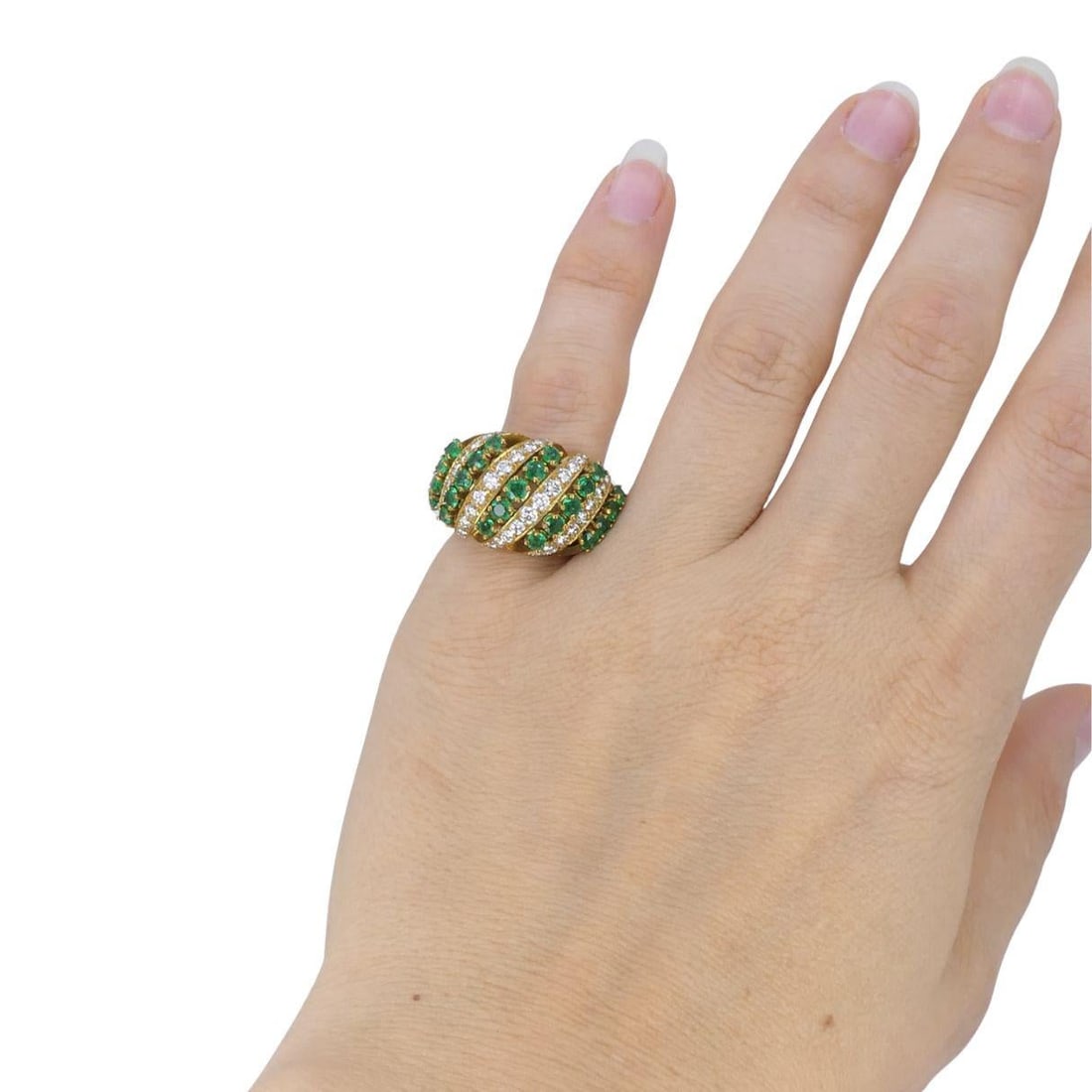 Vintage Asprey & Co. 18k Gold Emerald Diamond Cluster Cocktail Ring - 4