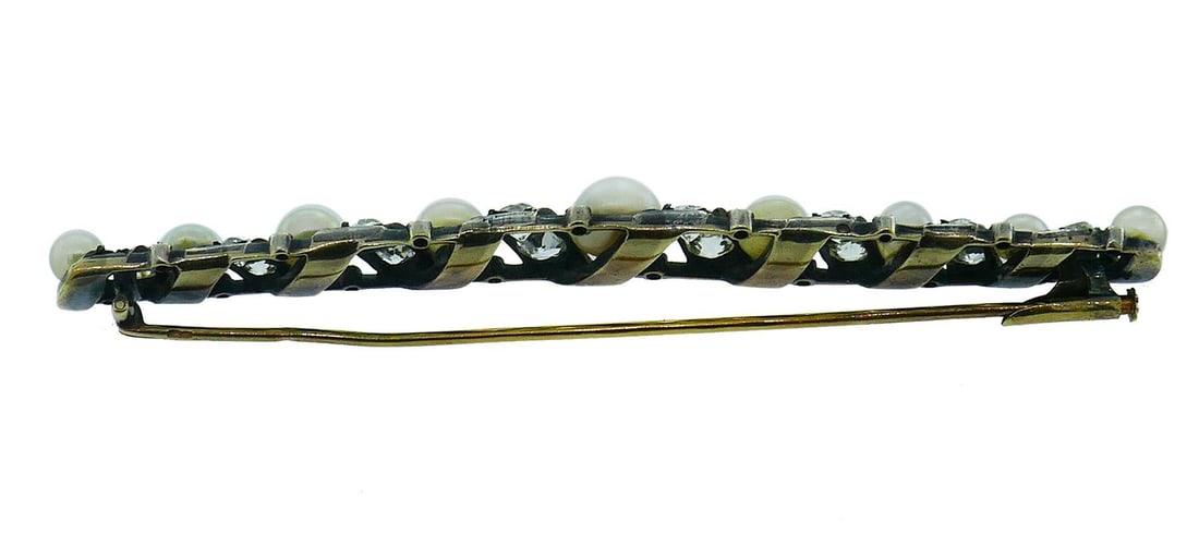 Victorian Natural Pearl Diamond Tie Pin in Silver and 14k Yellow Gold GIA Report - 2