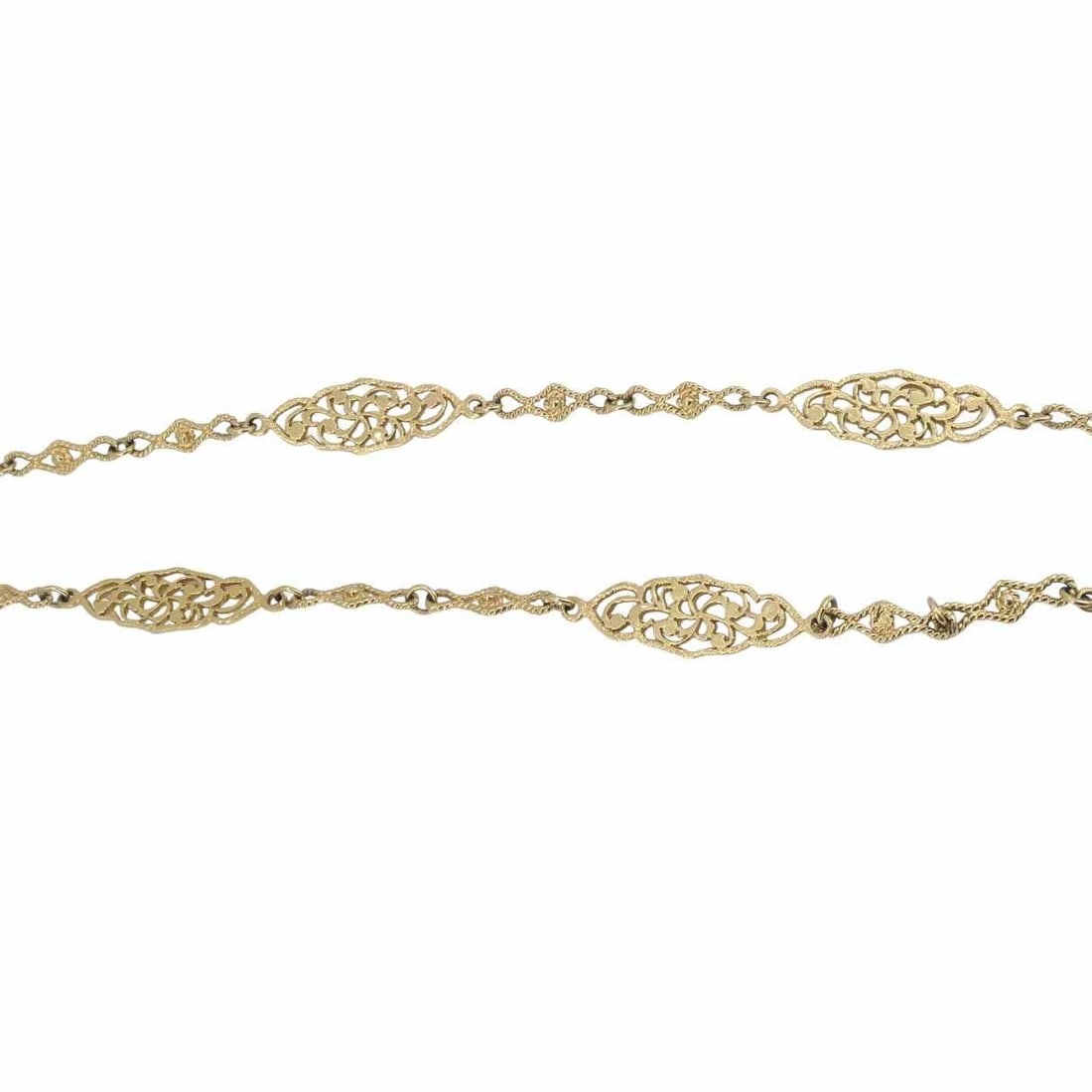 Vintage 14K Gold Openwork Filigree Marquise Long Chain Necklace, 1970s - 4