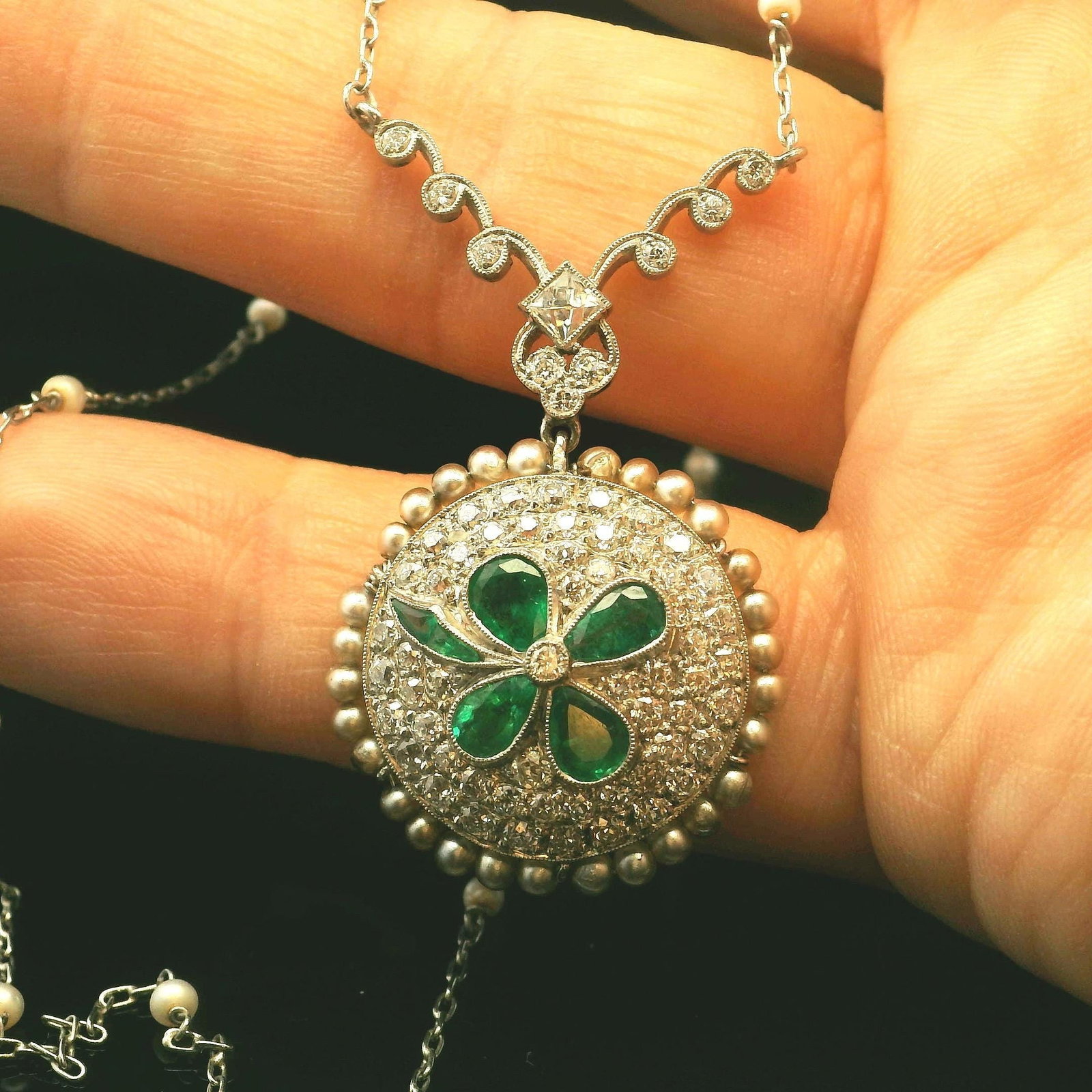 Platinum Natural Diamond and Emerald Pendant with Pearl Chain - 3