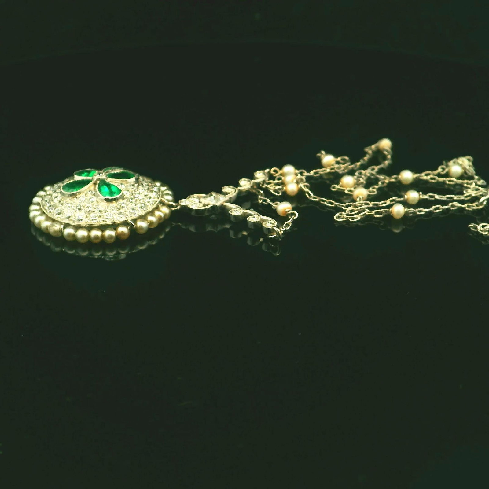 Platinum Natural Diamond and Emerald Pendant with Pearl Chain - 7
