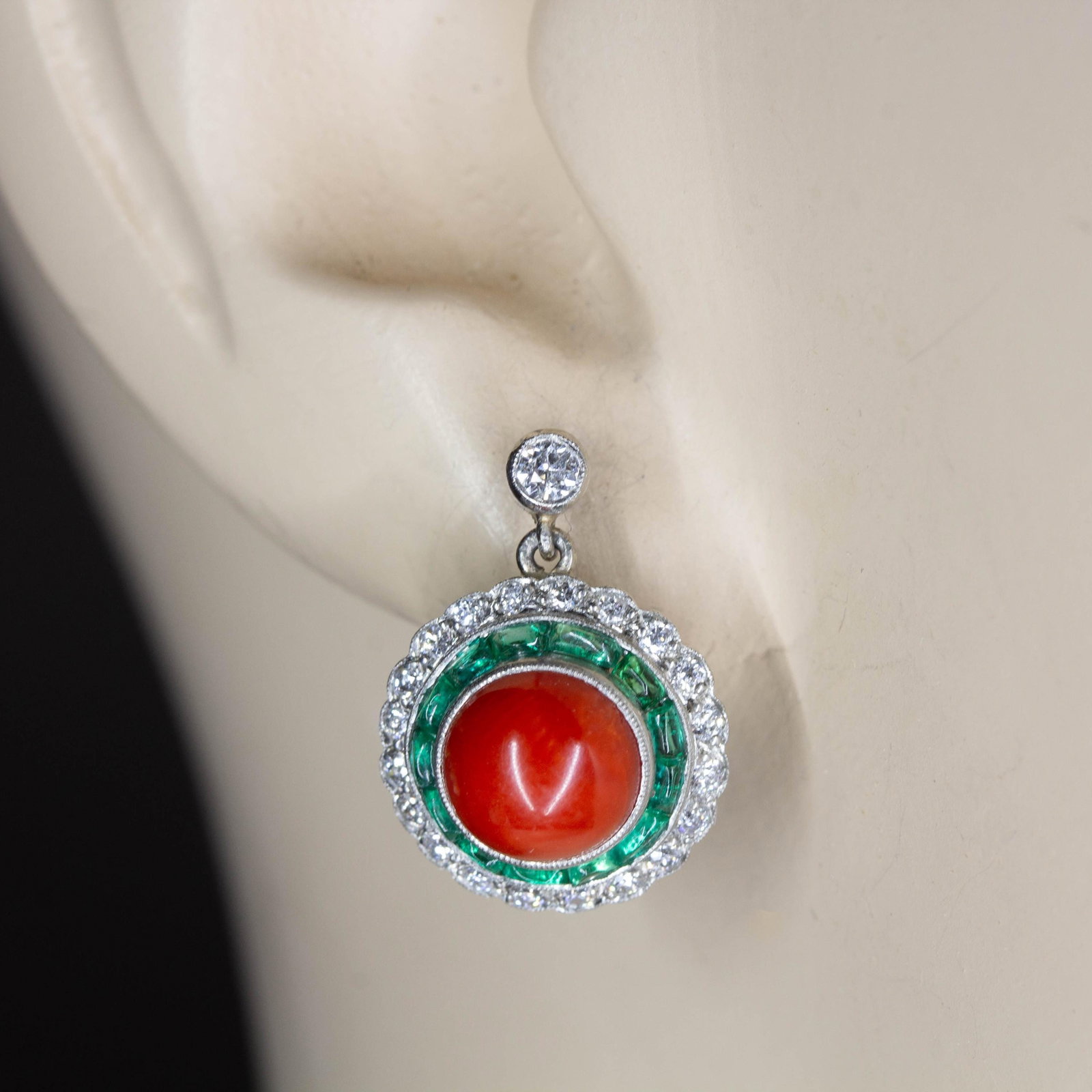 Art Deco Natural Coral, Emerald, and Diamond Earrings - 4