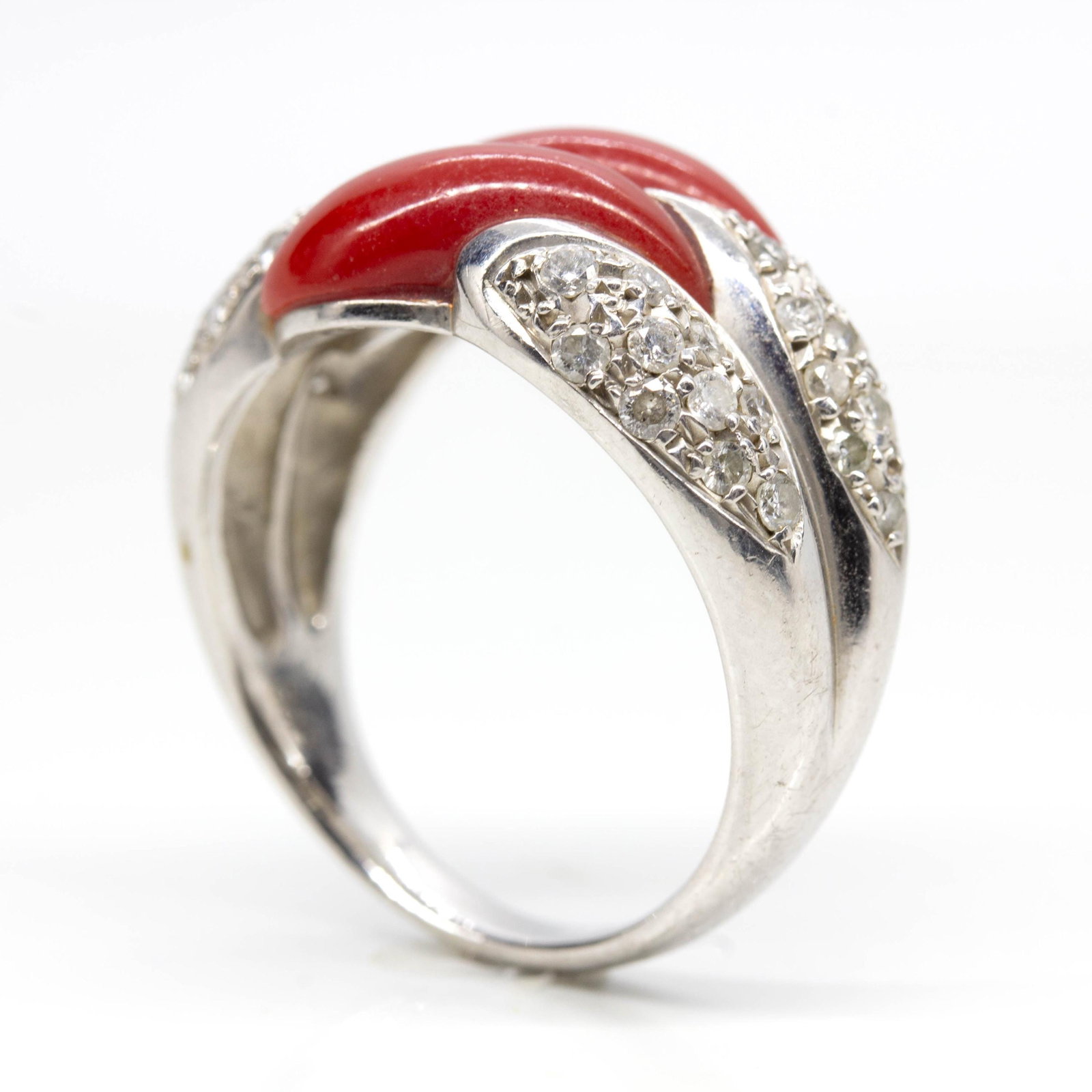 Estate Platinum Natural Coral and Diamond Designer Ring - 4