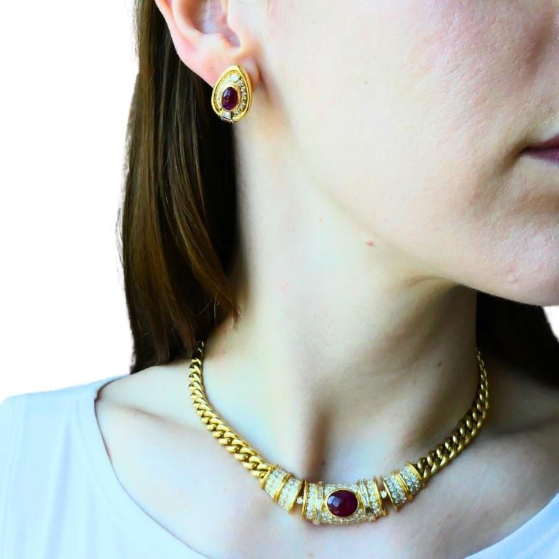 Vintage Bvlgari Bulgari Ruby Diamond Jewelry Set 18k Gold Estate Jewelry - 2