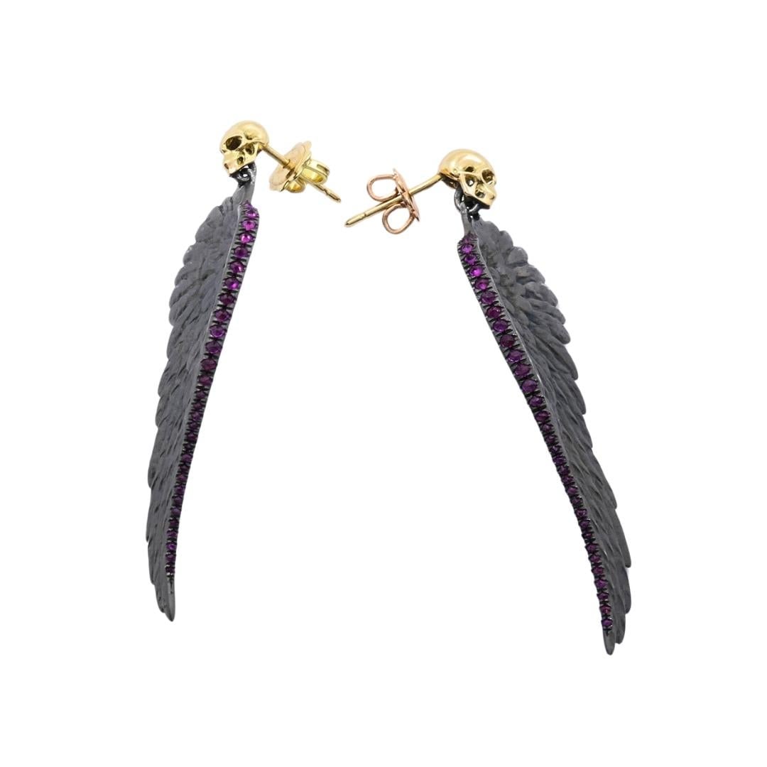 Theodoros 18k Gold & Sterling Silver Ruby Wing Skull Earrings - 3