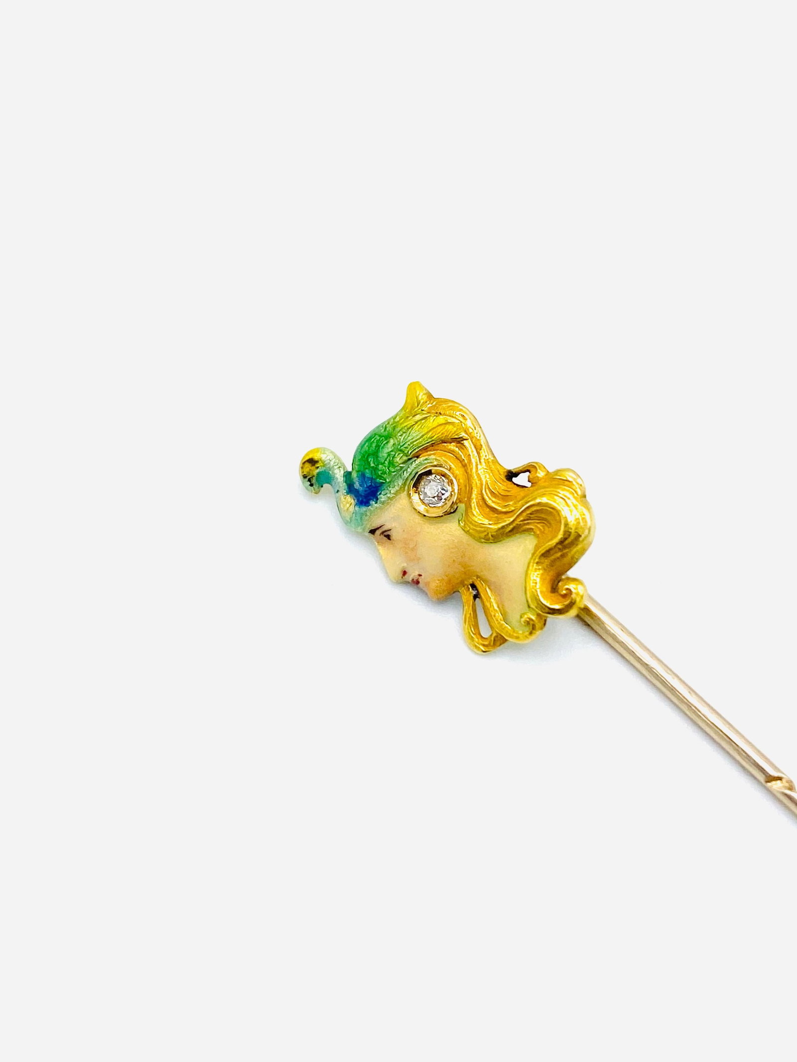 Art Nouveau Yellow Gold, Enamel and Diamond Stick Pin - 2