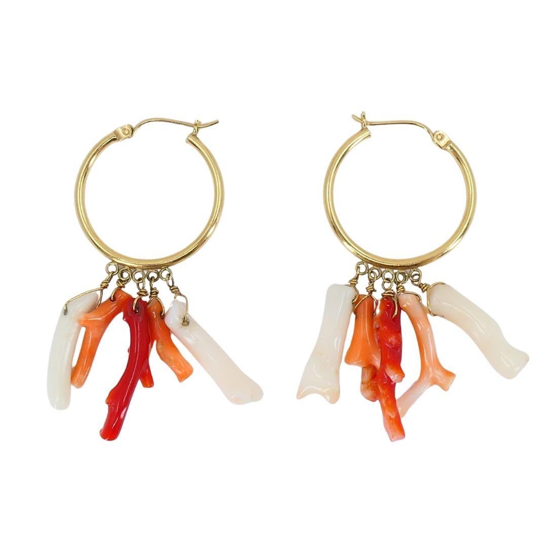Vintage 10k Gold Hoop Coral Earrings - 3