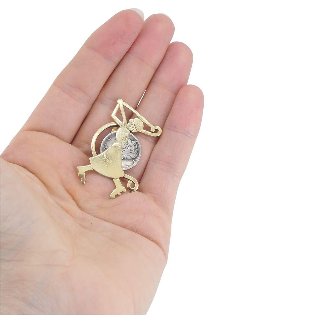 Vintage 14K Gold Monsco Golfer Brooch with Mercury Dime, Mid-Century - 2