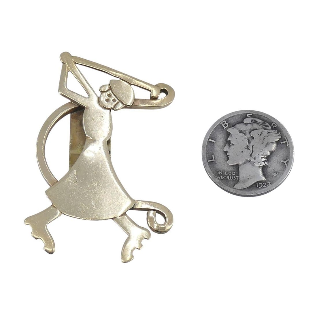 Vintage 14K Gold Monsco Golfer Brooch with Mercury Dime, Mid-Century - 5