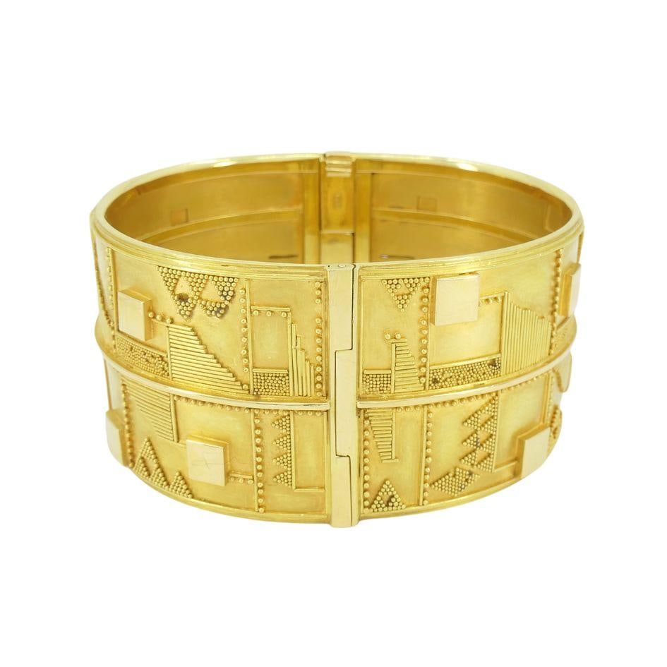 Vintage Elisabeth Treskow 18k Gold Geometric Hinge Cuff Bracelet c 1930s - 3