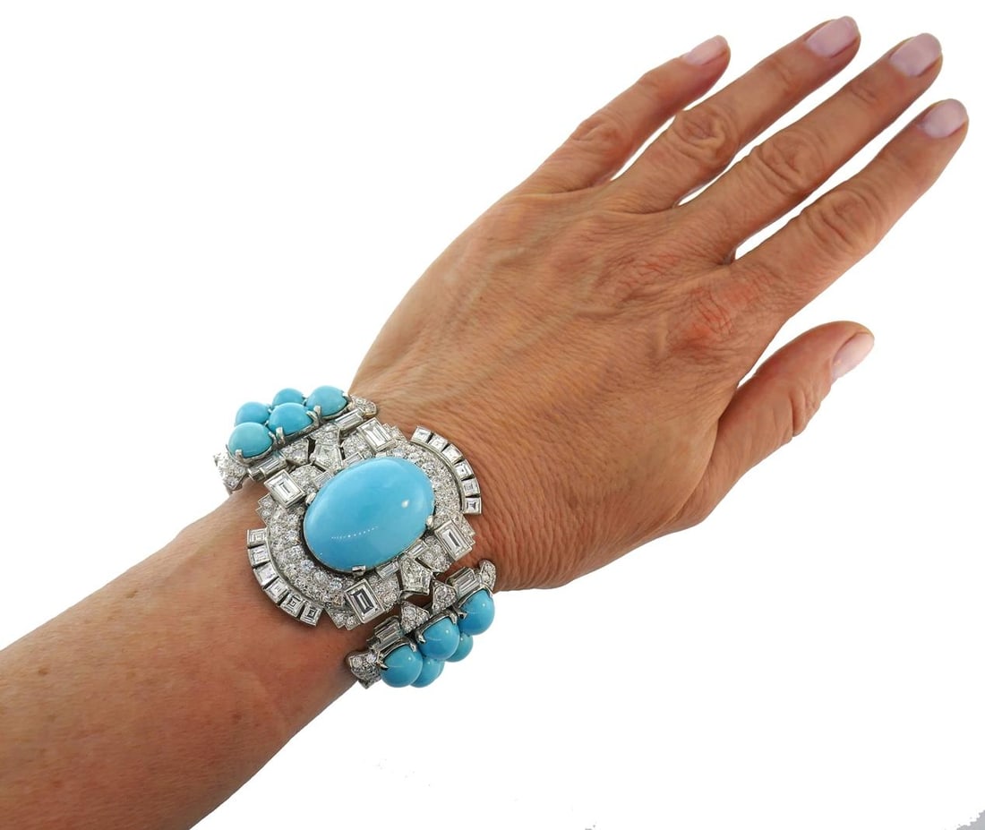 Vintage Trabert & Hoeffer-Mauboussin Bracelet Platinum Persian Turquoise Diamond - 3
