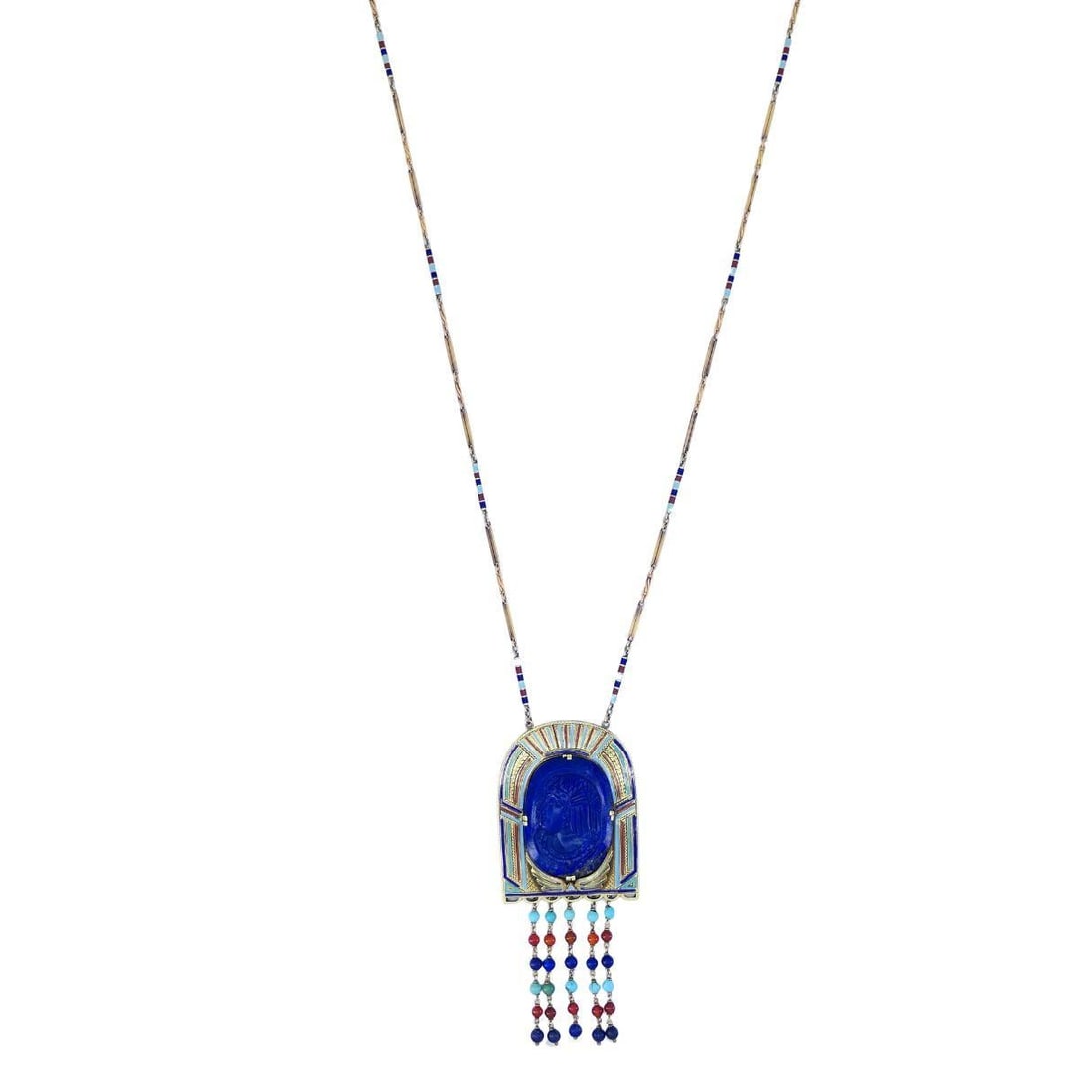 Egyptian Revival 14k Gold Gemstones Enamel Pendant Necklace - 3