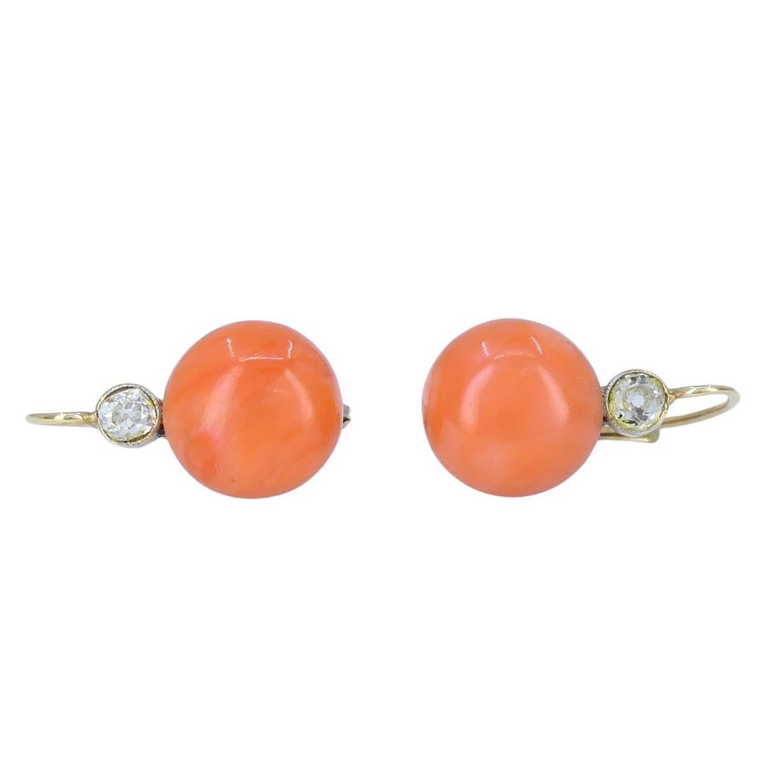 Vintage Mid-Century 14k Gold Coral Diamond Drop Earrings - 2