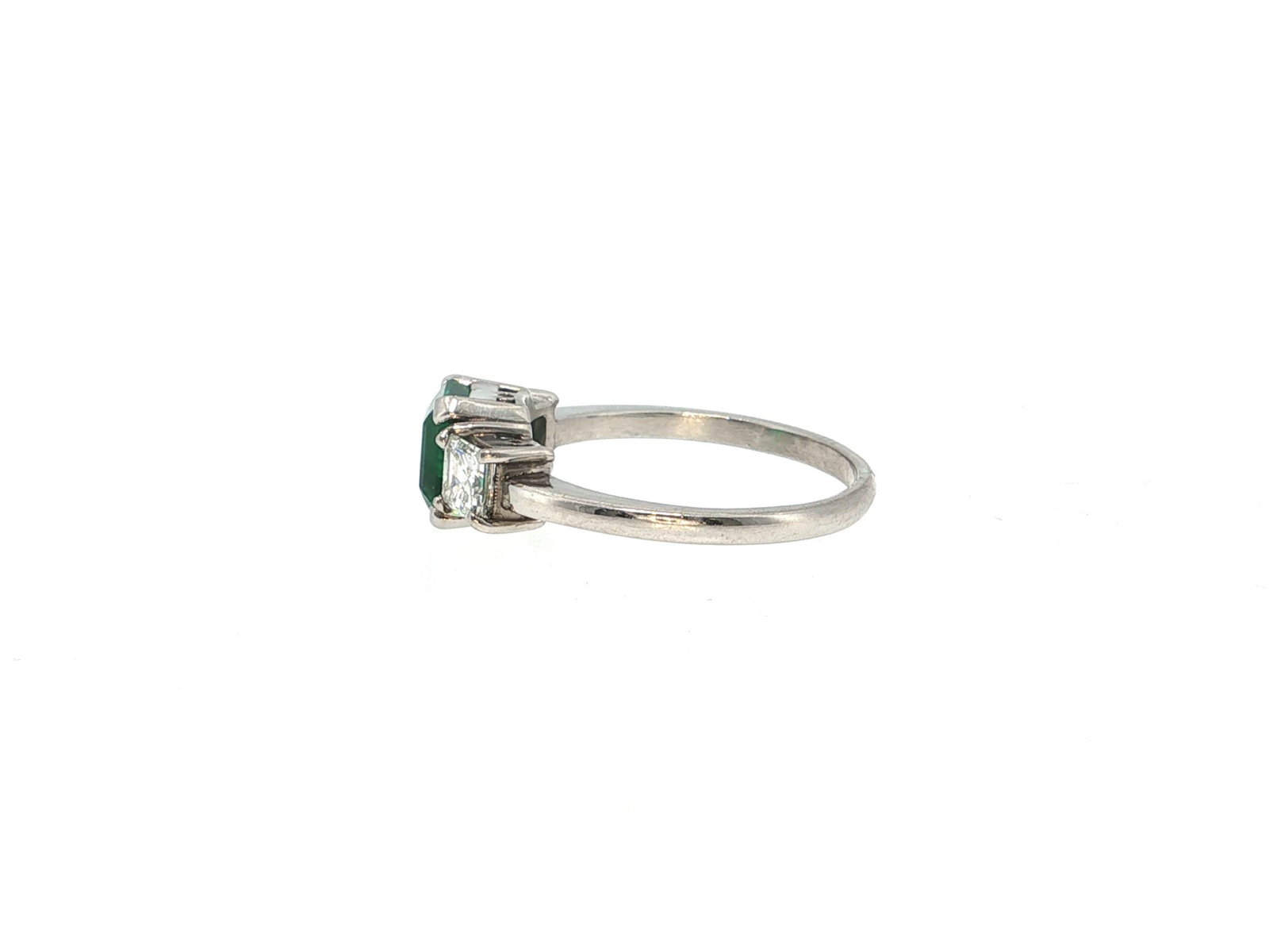 Emerald and Square-Cut Diamond Three-Stone Platinum Ring - 2